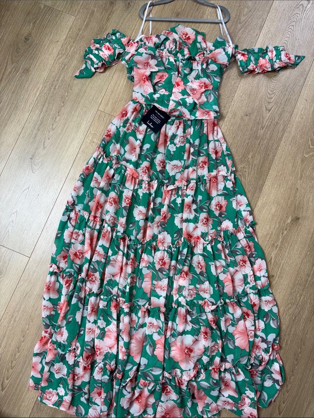 Lulu’s brand new Green Floral Tiered Off-Shoulder Maxi Dress